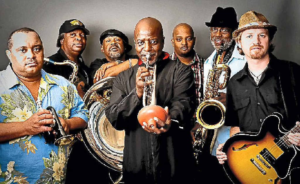 New Orleans legends, the Dirty Dozen Brass Band. INSET: left, South Indian star Nayika and, right, stilt acrobats Stalker Theatre. New Orleans legends, the Dirty Dozen Brass Band. INSET: left, South Indian star Nayika and, right, stilt acrobats Stalker Theatre.